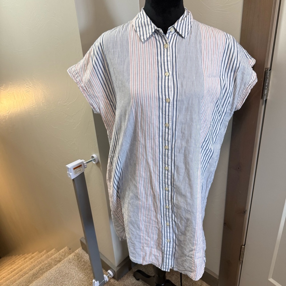 Madewell Button Down Longline Tunic Cap Sleeve Blouse Stripe Blue White‎ Red Top